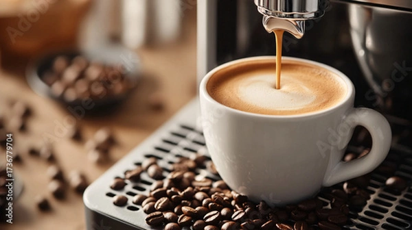 Fototapeta A cup of coffee with beans and latte art in a cafe atmosphere