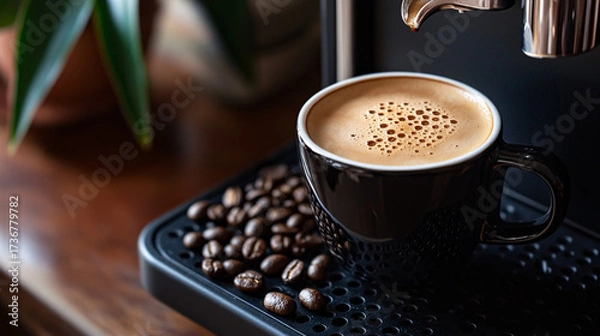 Fototapeta A cup of coffee with beans and latte art in a cafe atmosphere