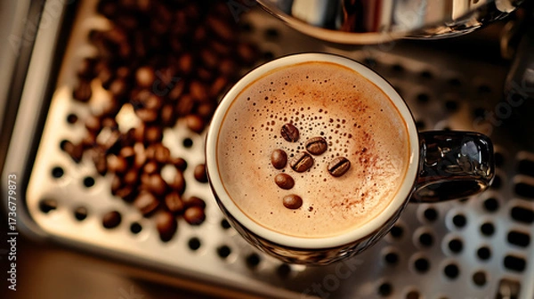 Fototapeta A cup of coffee with beans and latte art in a cafe atmosphere