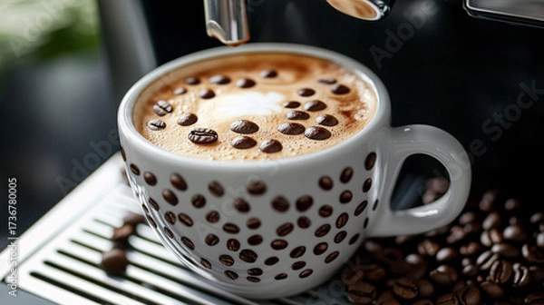 Fototapeta A cup of coffee with beans and latte art in a cafe atmosphere