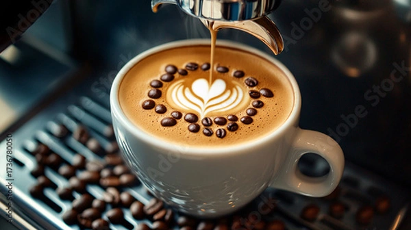 Fototapeta A cup of coffee with beans and latte art in a cafe atmosphere