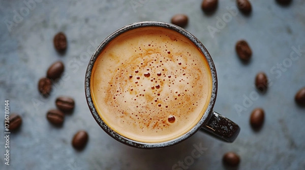 Fototapeta A cup of coffee with beans and latte art in a cafe atmosphere