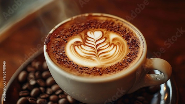 Fototapeta A cup of coffee with beans and latte art in a cafe atmosphere