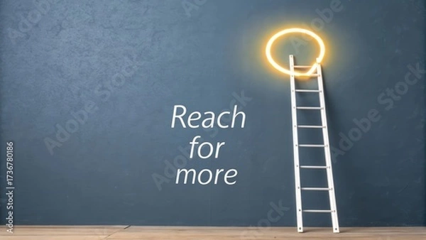 Obraz White ladder reaching toward a glowing light circle on blue wall