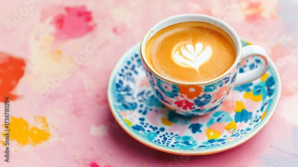 Fototapeta A cup of coffee with beans and latte art in a cafe atmosphere