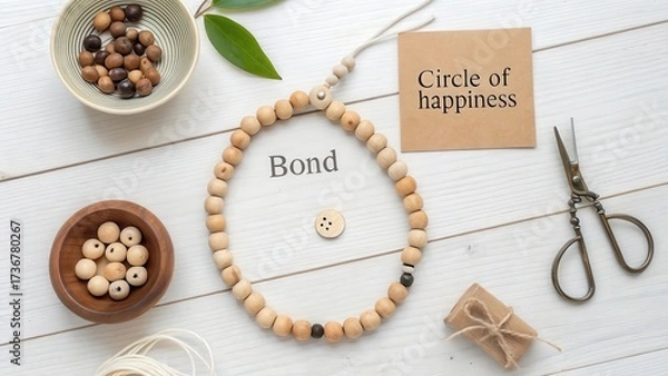 Obraz Wooden beaded loop with label and other elements in flat lay