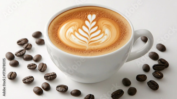 Fototapeta A cup of coffee with beans and latte art in a cafe atmosphere