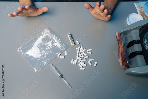 Fototapeta Drug addict male rejecting substances, with pills, syringe, rolled banknote scattered on gray table, symbolizing struggle against addiction and choice for recovery. Concept of healthy lifestyle.