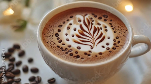 Fototapeta A cup of coffee with beans and latte art in a cafe atmosphere