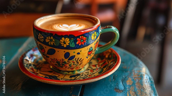 Fototapeta A cup of coffee with beans and latte art in a cafe atmosphere