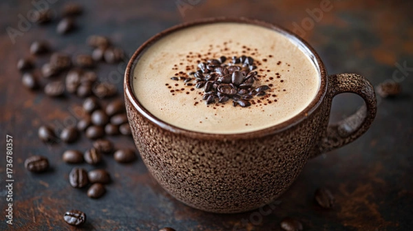 Fototapeta A cup of coffee with beans and latte art in a cafe atmosphere