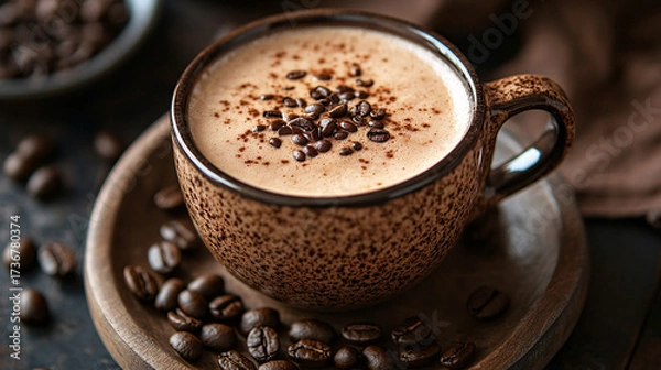 Fototapeta A cup of coffee with beans and latte art in a cafe atmosphere