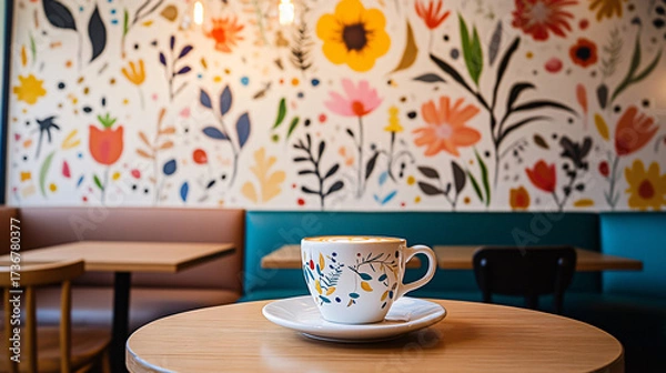 Fototapeta A cup of coffee with beans and latte art in a cafe atmosphere