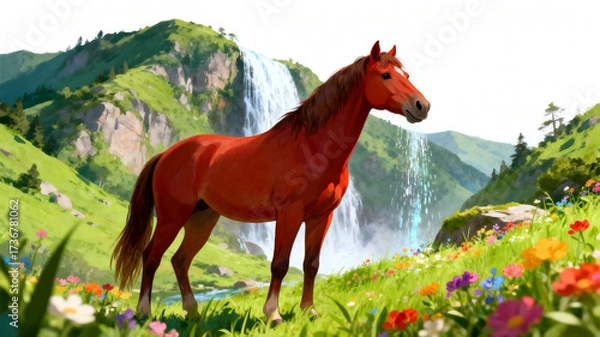 Obraz A majestic red horse standing in a lush green meadow with a waterfall in the background
