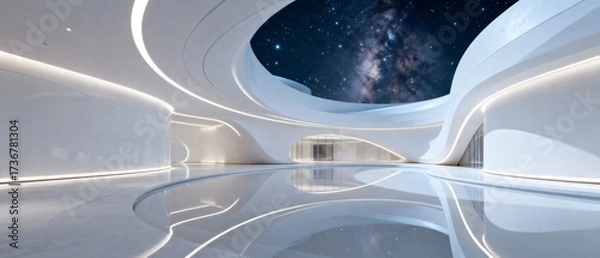 Obraz Modern and futuristic interior space with curved white walls and a starry ceiling
