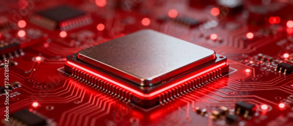 Obraz Close-up of a modern computer processor on a red circuit board