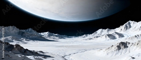 Obraz A breathtaking view of a snowy landscape with a large planet in the background