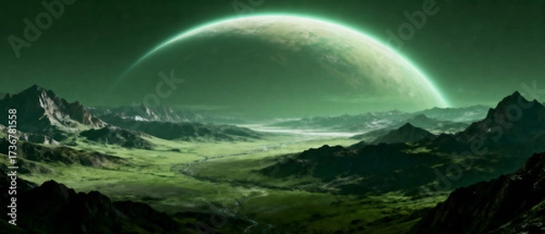 Obraz A surreal green alien planet landscape with a large curved horizon