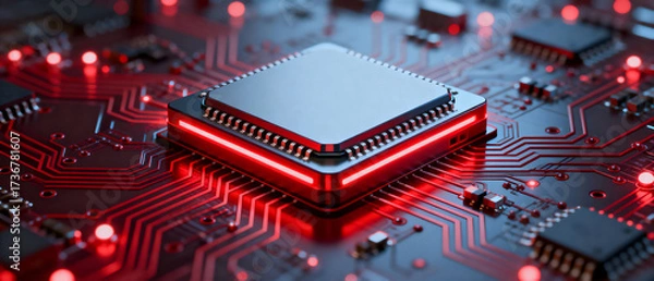 Obraz Close-up of a modern microprocessor on a circuit board with red lights