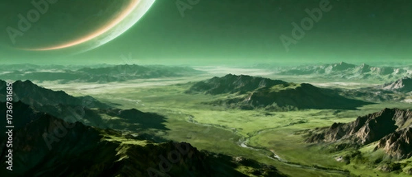 Obraz A beautiful and surreal alien landscape with a ringed planet in the sky