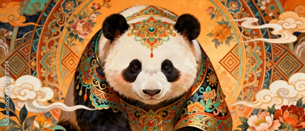 Obraz Panda with traditional Chinese decorative pattern in the background