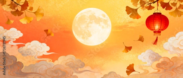 Obraz Full Moon with Lantern and Gingko Leaves in Cloudy Sky