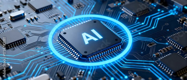 Obraz Artificial Intelligence Chip on Circuit Board Showing Tech Advancements