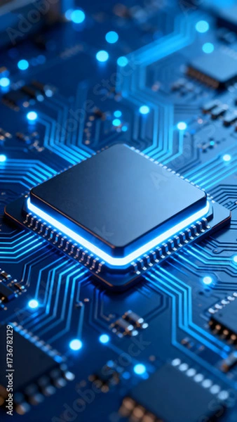 Obraz Close - up view of a modern microprocessor on a blue circuit board