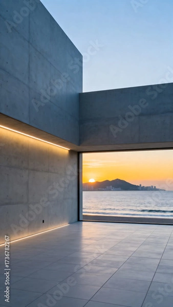Obraz Modern concrete building with a stunning ocean sunset view
