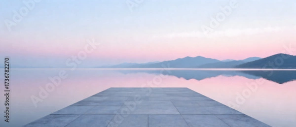 Obraz Peaceful Pier Over Calm Water at Dusk with Distant Mountains