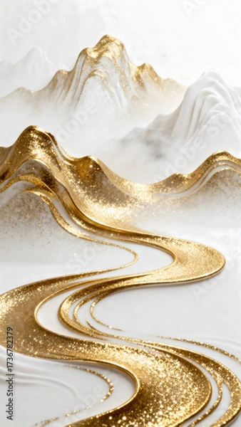 Obraz Golden Abstract Mountainous Landscape with Wavy Lines