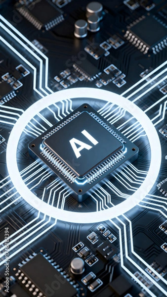 Obraz Artificial Intelligence Chip on Circuit Board with Glowing Circuits