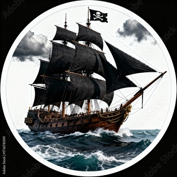 Fototapeta Majestic pirate ship with black sails and Jolly Roger flag sailing on rough ocean waves under dramatic cloudy sky