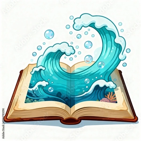 Fototapeta Open book with ocean waves and bubbles emerging, symbolizing imagination, creativity, and storytelling