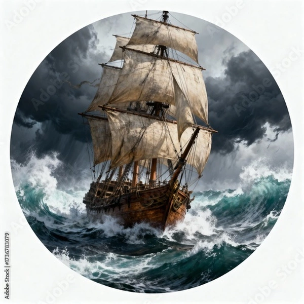 Fototapeta Vintage sailing ship navigating through stormy ocean waves under dramatic cloudy skies in circular composition