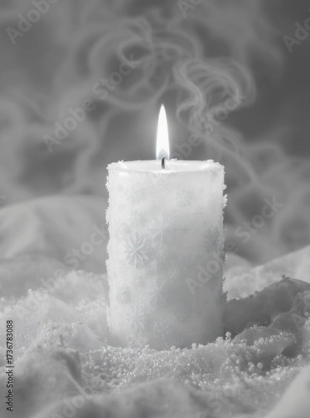Fototapeta Elegant white candle with snowflake patterns glowing in soft light surrounded by snow-like texture, creating a serene winter ambiance.