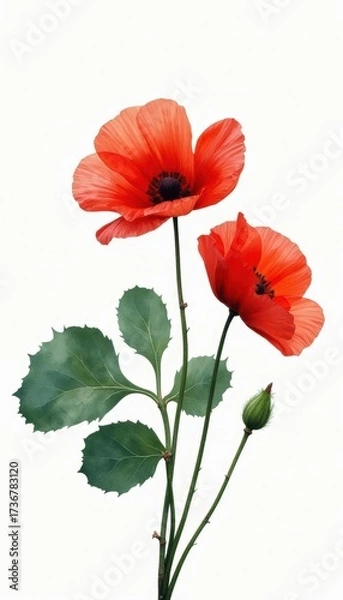 Fototapeta Vibrant red poppy flowers with green leaves and a bud isolated on a white background