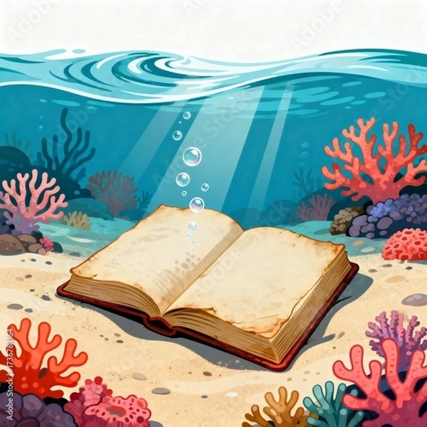 Fototapeta Open book resting on the ocean floor surrounded by colorful coral reefs and sunlight rays underwater