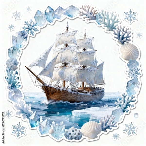 Fototapeta Wooden sailing ship navigating icy waters surrounded by a decorative frame of snowflakes, crystals, corals, and seashells