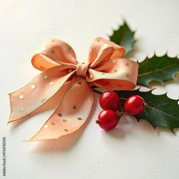 Fototapeta Festive peach ribbon bow with gold accents and holly leaves with red berries on white background