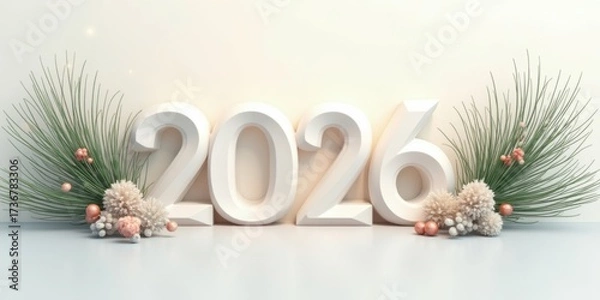 Fototapeta 2026 in white 3D numbers with festive pine branches, ornaments, and soft lighting for New Year celebration
