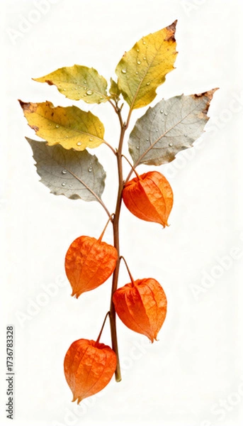 Fototapeta Branch of physalis plant with vibrant orange lantern-shaped fruits and autumn-colored leaves isolated on white background
