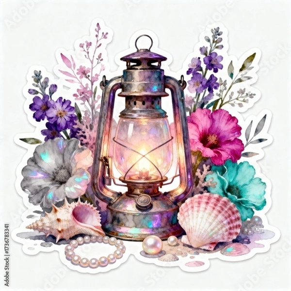 Fototapeta Vintage lantern glowing with soft light surrounded by seashells, pearls, and vibrant flowers in a decorative arrangement