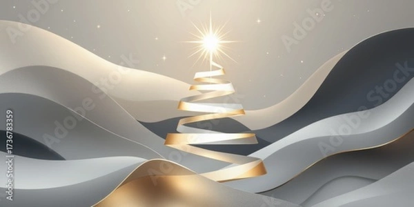 Fototapeta Abstract Christmas tree made of golden ribbon with glowing star on top, surrounded by silver and gold wave-like shapes