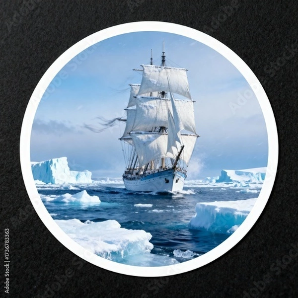 Fototapeta Majestic sailing ship navigating icy waters surrounded by icebergs under a clear blue sky in a circular frame