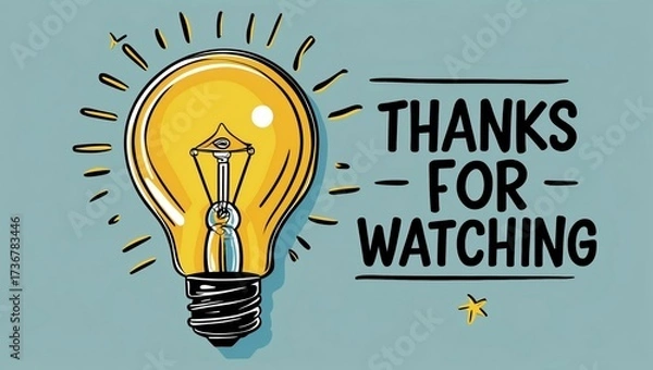 Fototapeta Illustration of a glowing light bulb with text "Thanks for Watching" on a blue background