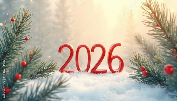 Fototapeta Red "2026" text on snowy ground surrounded by pine branches with red berries, festive winter holiday theme