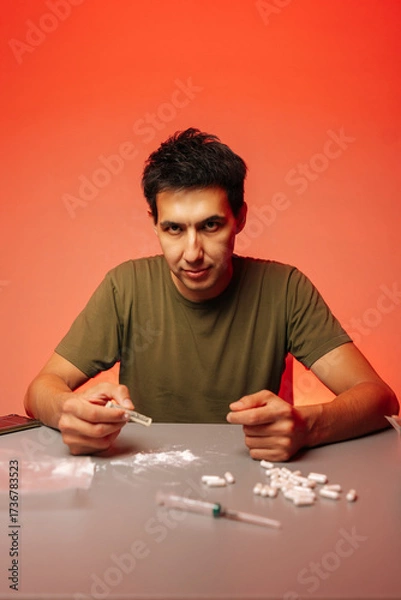 Fototapeta Vertical portrait of serious man preparing to snort cocaine with rolled banknote sitting at table with pills and syringe on red background, representing drug addiction and substance abuse.
