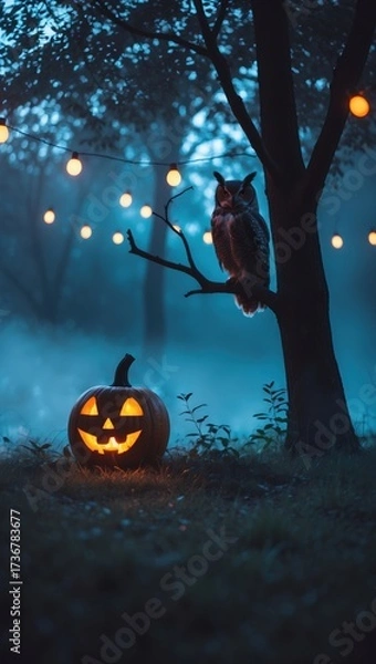 Fototapeta Spooky Halloween Scene with Jack-o'-Lantern and Owl on Tree Branch in Foggy Forest at Night