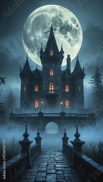 Fototapeta Spooky Gothic Castle with Full Moon and Foggy Atmosphere in a Dark Forest Setting